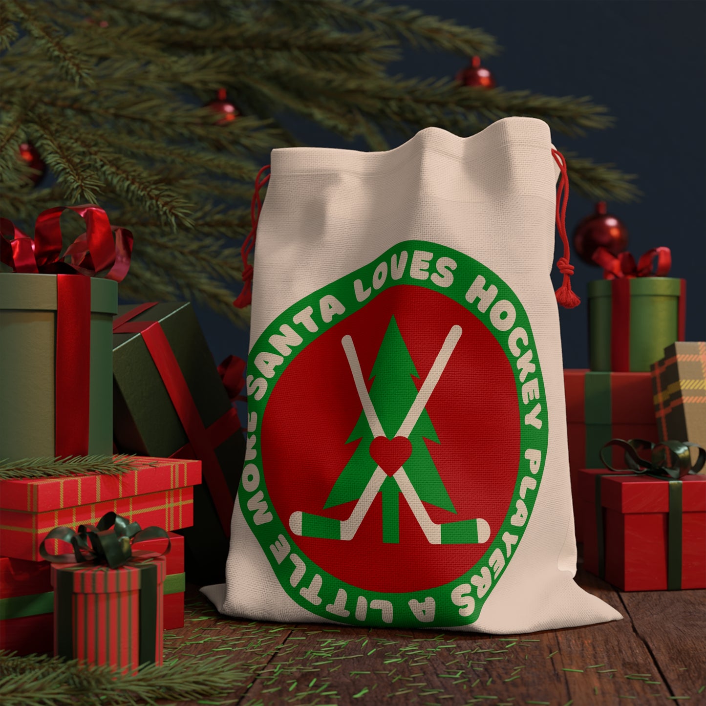 Santa Loves Hockey Players a Little More Linen Gift Bag